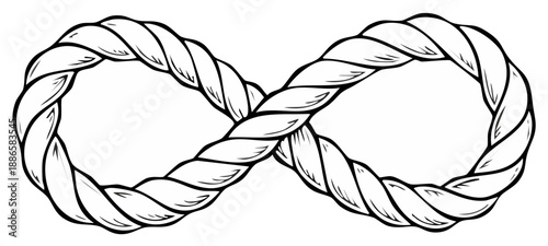 Infinity symbol formed from twisted rope, black and white illustration