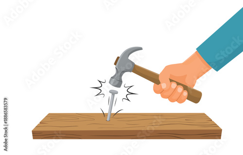 Hand holding hammer striking a nail into wooden plank