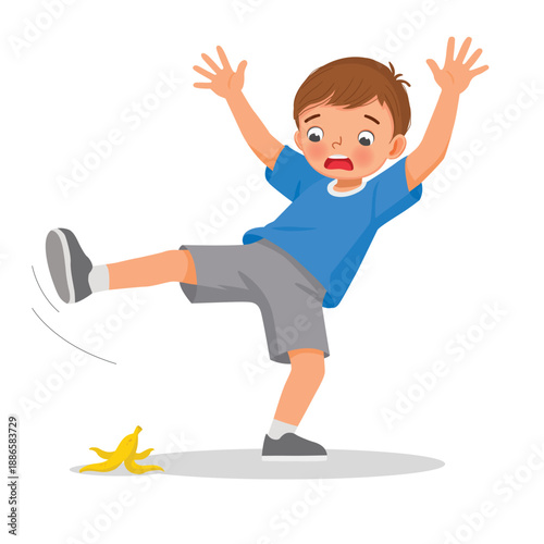 Little boy falling down slip on banana peel