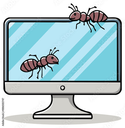 Ants on Computer Screen, Insect Infestation, Digital Device, Problem, Cartoon Style, Bug on Display