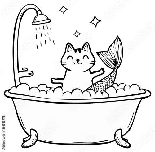 Adorable cartoon mermaid cat happily bathing in a bubbly bathtub with a shower overhead