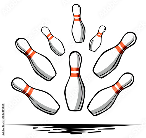Scattered Bowling Pins Grouped together, ready to be knocked down and make strike, sport theme on a white background