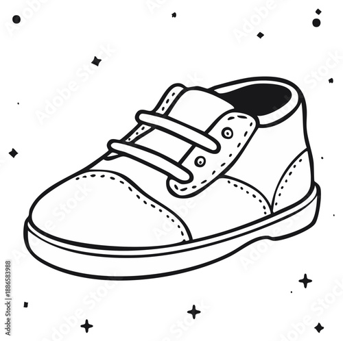 Hand drawn illustration of a simple childs sneaker with shoelaces on a starry background