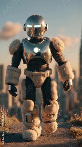 Futuristic Robot Walking Through a Deserted Cityscape at Sunset, Advanced AI Android Exploring Urban Ruins.