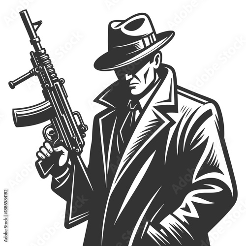 1920s gangster in suit and fedora aiming a classic Thompson submachine gun sketch engraving generative ai fictional character vector illustration. Scratch board imitation. Black and white image.