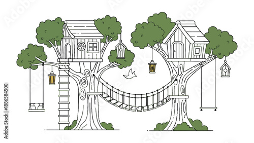 Whimsical Treehouse: A charming illustration showcases two intricately designed treehouses connected by a whimsical bridge, inviting a sense of playfulness and adventure.