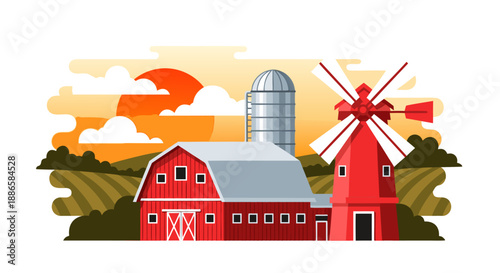 Charming rural farm landscape vector illustration with a classic red barn, silo, and windmill against a vibrant sunset sky, depicting agricultural life
