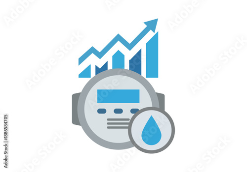 Icono de contador de agua con gráfico de barras de aumento de consumo