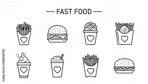Delicious Fast Food Line Art Icon Collection with Heart Motifs, Perfect for Digital Menus and Restaurant Branding