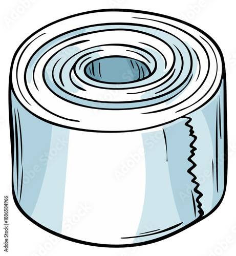 Roll of perforated white paper towel with cartoonish outline for cleaning supplies, sanitation, and household needs, illustration