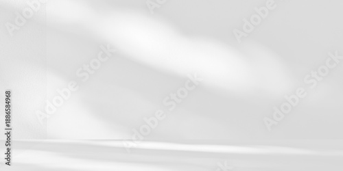 Minimalist white room interior featuring soft sunlight and leaf shadows on clean wall and floor. Ideal for product mockups serene backgrounds and modern aesthetic displays