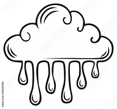 Cartoon Cloud with Rain Drips, Black and White Drawing, Vector Illustration