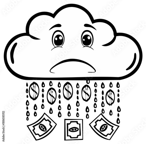 Sad cloud crying money, business financial loss cartoon illustration.