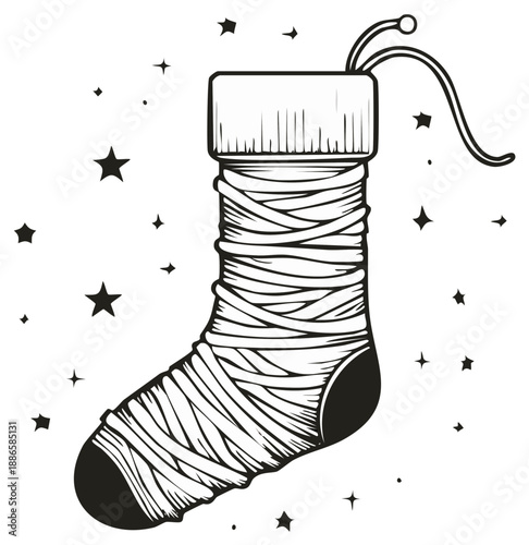 Handcrafted Christmas stocking wrapped in yarn and decorated with stars, simple line art illustration