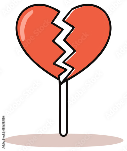 Broken red heart shaped lollipop candy illustration symbolizing heartbreak and breakup
