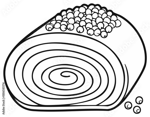 Outline of a delicious sushi roll with roe on top and scattered pearls