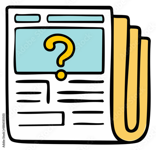 Cartoon newspaper icon with a question mark symbolizing fake news and uncertainty
