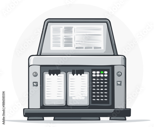 Illustration of a modern office printer with screen and two paper trays.