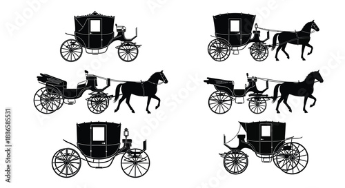Vintage horse drawn carriages and elegant coaches depicted in a black and white silhouette style