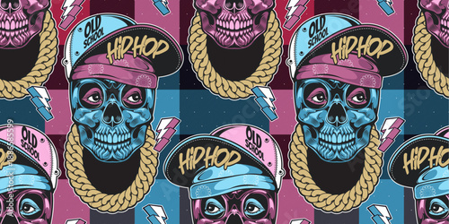 skull seamless pattern, plaid embroidery design image punk background,  bone graphic design street comic art, textile fashion, artwork for fabric print, clothes, handkerchief or banner website