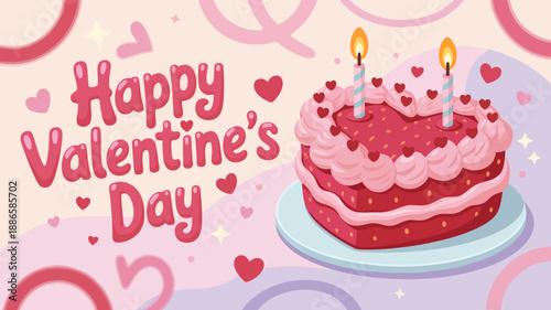 Heart shaped cake with two lit candles sits next to the greeting Happy Valentine's Day in a festive illustration.