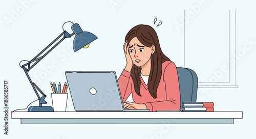 Stressed Young Woman Suffering from Work Burnout at Office Desk. Overwhelmed Employee or Student Facing Deadline Pressure and Anxiety on Laptop.