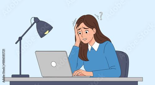 Overwhelmed Businesswoman Struggling with Laptop Work, Feeling Stress, Confusion, and Workplace Burnout. Vector Illustration of Office Anxiety.