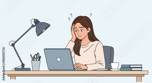 Frustrated Young Woman Struggling with Laptop Task. Confused Female Worker or Student Experiencing Stress, Trouble, and Information Overload at Desk.