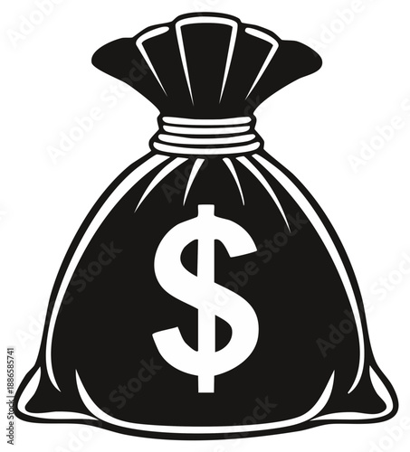 Black and white illustration of a money bag with a dollar sign representing wealth and financial success