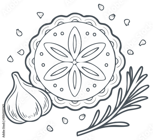 Hand drawn illustration of food. Single elements: garlic, pie, spice. Isolated vector objects for coloring book. Minimal design style cooking illustration.