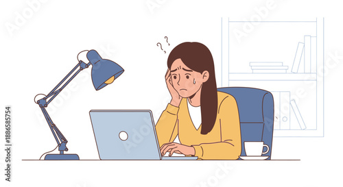 Stressed Woman Suffering from Burnout and Confusion While Working on Laptop. Office Worker Overwhelmed by Pressure and Anxiety.