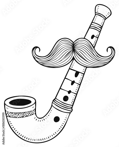 Illustration of a smoking pipe with a mustache, in black and white.