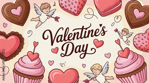 Cupcakes, cherubs, and chocolate hearts frame the festive Valentine's Day greeting text in this sweet illustration.