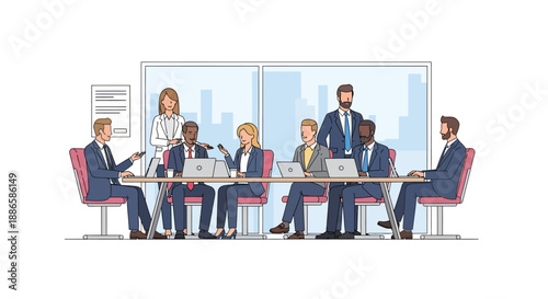 Diverse Business People Team Meeting Illustration. Corporate Collaboration and Discussion in Modern Boardroom.