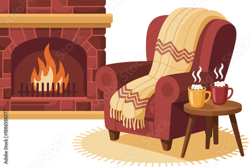 Cozy armchair with a warm blanket sits beside a brick fireplace where hot mugs rest on a small wooden table.