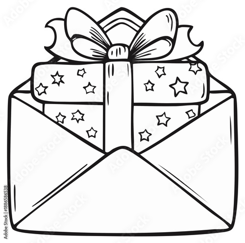 Gift box with ribbon emerging from an open envelope line art illustration