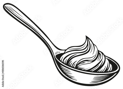 Spoonful of whipped cream food drawing illustration, black and white design of dessert element on silver utensil
