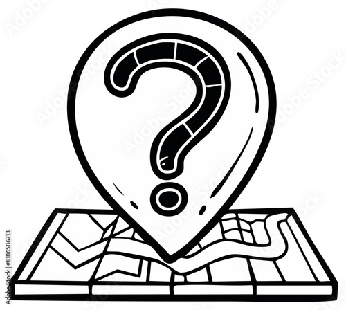 Question Mark Map Pinpointing Location on Route Guide. Unknown Route, Unknown Path, Travel Location