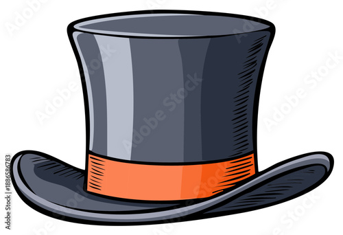 Classic grey top hat with an orange band cartoon style vector illustration