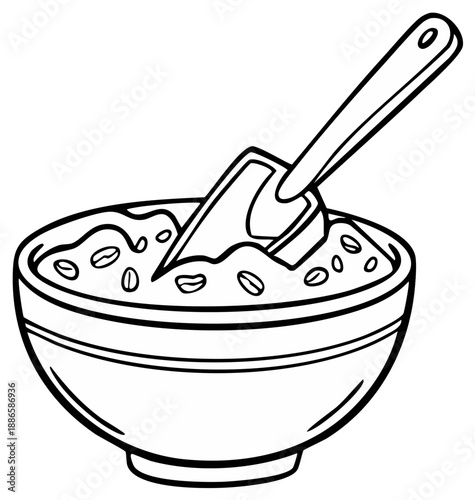 Cartoon Bowl of Cereal with Spoon Black and White Line Art