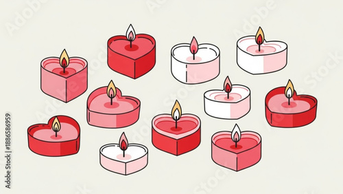 Collection of heart shaped candles romantic glowing lights for Valentines Day or wedding decor isolated on light background