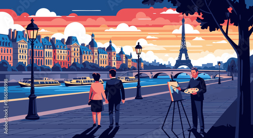 Vibrant Paris vector illustration of Eiffel Tower, Seine River, and cityscape at sunset, featuring a romantic couple and a street artist