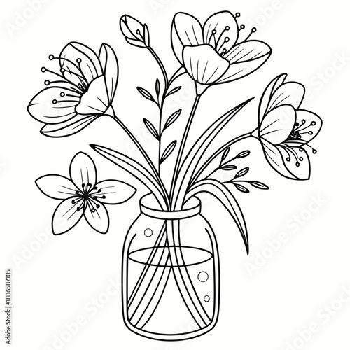 Beautiful bouquet of simple line art flowers arranged in a clear glass vase
