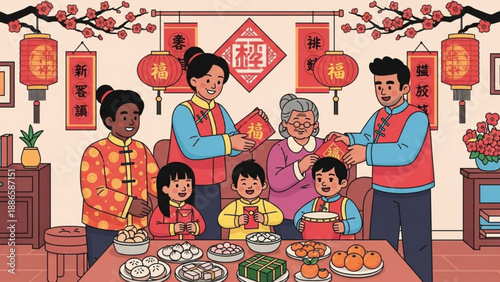 Happy multi-ethnic family celebrating Lunar New Year with red envelopes and festive decorations concept for tradition and togetherness