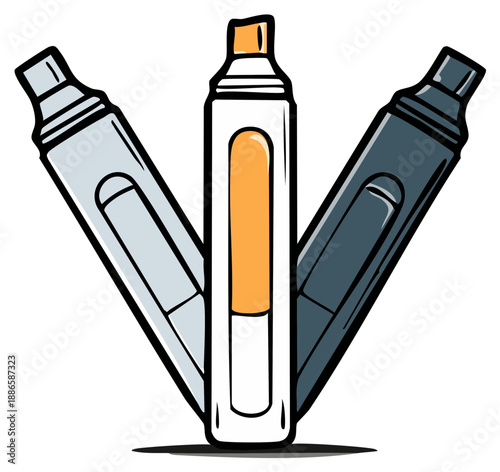 Cartoon-style illustration of three highlighters in different colors