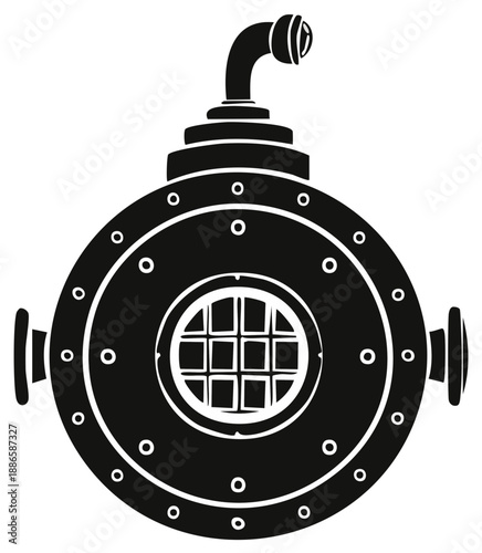 Vintage deep sea diving helmet with grated porthole, a classic black and white vector icon