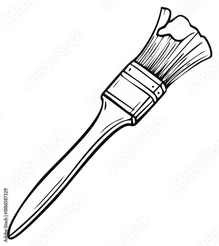 Hand Drawn Illustration of a Paintbrush with Bristles Dipped in White Paint, Ready for Use