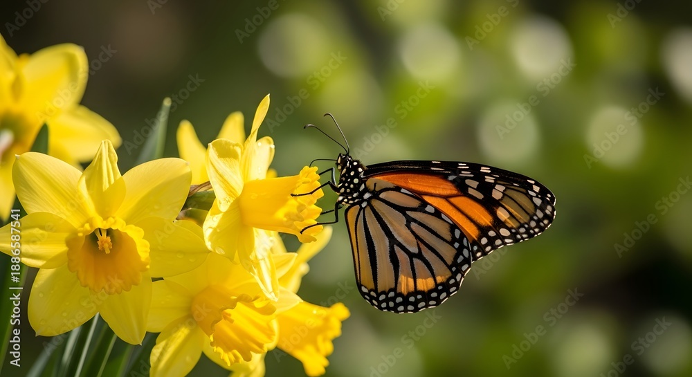 Fototapeta premium Monarch butterfly feeding on yellow daffodils in outdoor garden