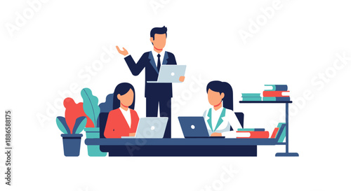 Business Presentation and Team Collaboration in Office. Manager Leading Meeting with Employees. Corporate Training Flat Vector Illustration.