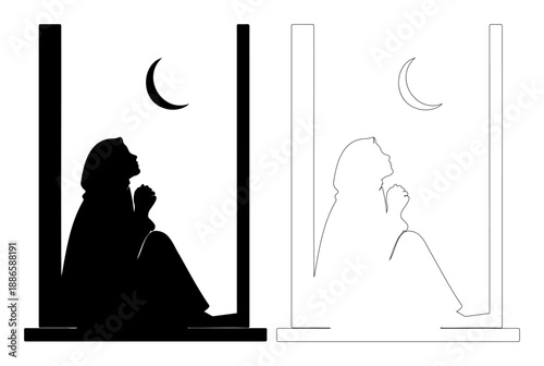 Woman silhouette praying by window with moon crescent